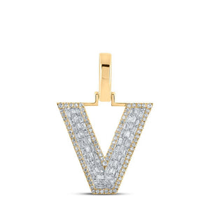 10kt Yellow Gold Mens Baguette Diamond V Initial Letter Charm Pendant 1/2 Cttw