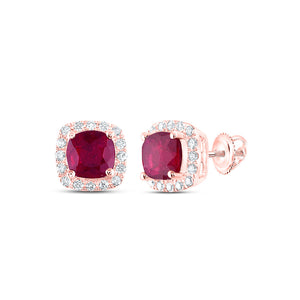 14kt Rose Gold Womens Cushion Ruby Diamond Halo Earrings 1-3/4 Cttw