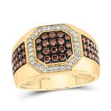 10kt Yellow Gold Mens Round Brown Diamond Octagon Ring 1-1/5 Cttw