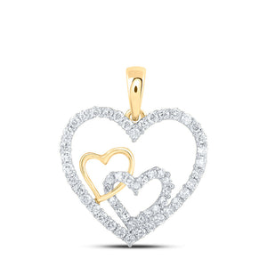 10kt Yellow Gold Womens Round Diamond Nested Heart Pendant 3/8 Cttw
