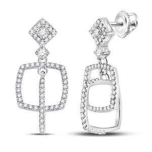 10kt White Gold Womens Round Diamond Dangle Square Earrings 3/8 Cttw