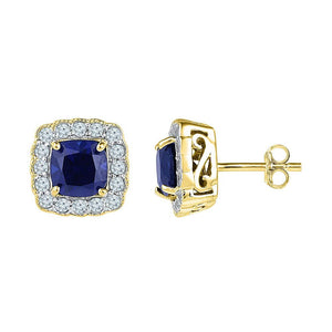 10kt Yellow Gold Womens Cushion Synthetic Blue Sapphire Stud Earrings 3-1/3 Cttw