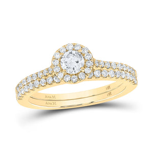 14kt Yellow Gold Round Diamond Halo Bridal Wedding Ring Band Set 7/8 Cttw