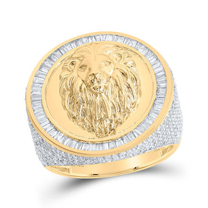 10kt Yellow Gold Mens Round Diamond Lion Face Circle Ring 2-1/3 Cttw