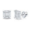 Sterling Silver Round Diamond Square Cluster Stud Earrings 1/8 Cttw