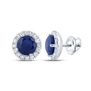 14kt White Gold Womens Round Blue Sapphire Diamond Halo Earrings 1-1/5 Cttw