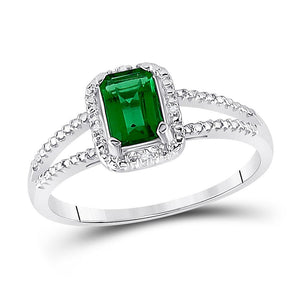 Sterling Silver Womens Synthetic Emerald Solitaire Diamond Split-shank Ring 1-1/2 Cttw