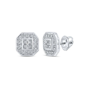 10kt White Gold Womens Round Diamond Octagon Cluster Earrings 1/10 Cttw