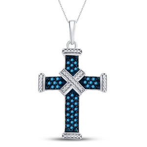 Sterling Silver Womens Round Blue Color Enhanced Diamond Bound Roman Cross Pendant 1/4 Cttw