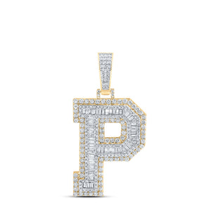 10kt Yellow Gold Mens Baguette Diamond P Initial Letter Charm Pendant 2-5/8 Cttw