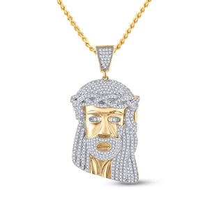 10kt Yellow Gold Mens Round Diamond Jesus Face Charm Pendant 1-1/3 Cttw