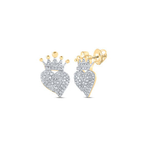 10kt Yellow Gold Womens Round Diamond Crown Heart Earrings 3/8 Cttw