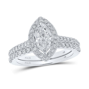 14kt White Gold Marquise Diamond Halo Bridal Wedding Ring Band Set 1-1/2 Cttw