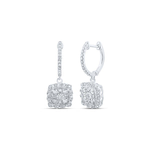 10kt White Gold Womens Round Diamond Hoop Square Dangle Earrings 7/8 Cttw