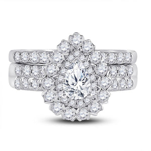 14kt White Gold Pear Diamond Bridal Wedding Ring Band Set 1-7/8 Cttw