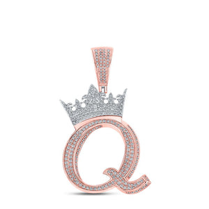 10kt Two-tone Gold Mens Round Diamond Crown Q Letter Charm Pendant 1-3/8 Cttw