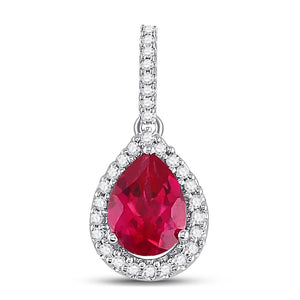10kt White Gold Womens Pear Synthetic Ruby Solitaire Diamond Frame Pendant 1-7/8 Cttw