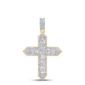 10kt Yellow Gold Mens Baguette Diamond Cross Charm Pendant 1-3/4 Cttw