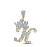 10kt Two-tone Gold Mens Round Diamond Crown K Letter Charm Pendant 1-7/8 Cttw