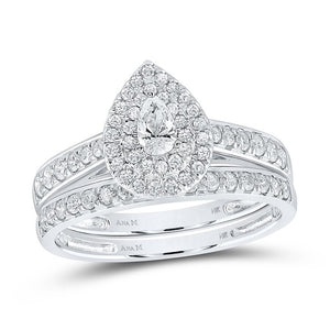 14kt White Gold Pear Diamond Halo Bridal Wedding Ring Band Set 3/4 Cttw