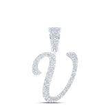 10kt White Gold Mens Round Diamond V Initial Letter Charm Pendant 7/8 Cttw