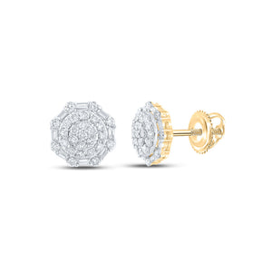 14kt Yellow Gold Baguette Diamond Octagon Cluster Earrings 5/8 Cttw