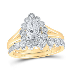 14kt Yellow Gold Pear Diamond Halo Bridal Wedding Ring Band Set 1-1/2 Cttw