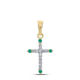 10kt Yellow Gold Womens Round Emerald Diamond Cross Pendant 1/6 Cttw