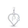 10kt White Gold Womens Round Diamond P Heart Letter Pendant 1/10 Cttw