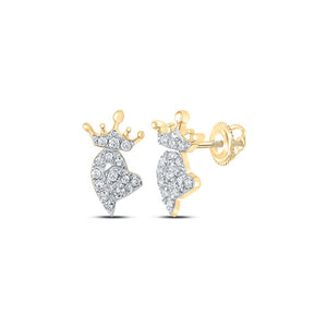 10kt Yellow Gold Womens Round Diamond Crown Heart Earrings 1/12 Cttw