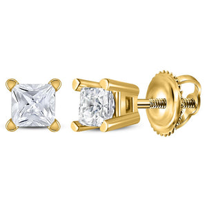 14kt Yellow Gold Unisex Princess Diamond Solitaire Stud Earrings 1/5 Cttw