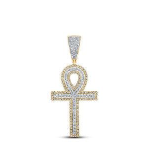 10kt Yellow Gold Mens Round Diamond Ankh Cross Charm Pendant 7/8 Cttw