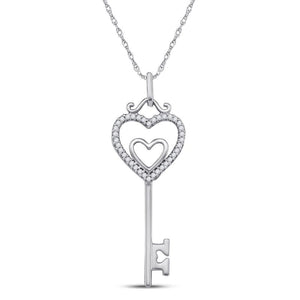 10kt White Gold Womens Round Diamond Heart Key Pendant 1/10 Cttw