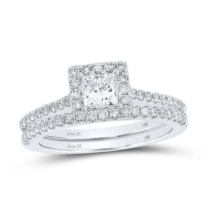 14kt White Gold Princess Diamond Square Halo Bridal Wedding Ring Band Set 1 Cttw