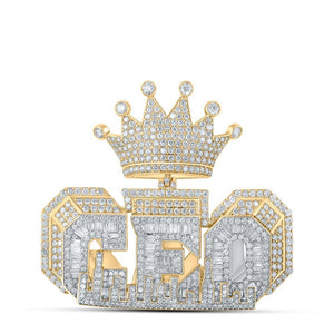 10kt Yellow Gold Mens Baguette Diamond CEO Crown Phrase Charm Pendant 7-5/8 Cttw