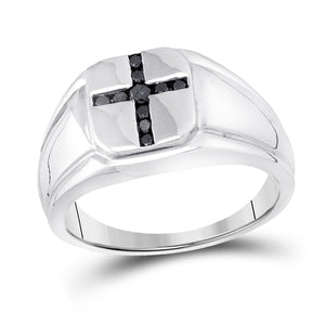 Sterling Silver Mens Round Black Color Enhanced Diamond Cross Religious Ring 1/4 Cttw