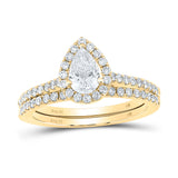 14kt Yellow Gold Pear Diamond Halo Bridal Wedding Ring Band Set 1 Cttw