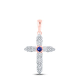 10kt Rose Gold Womens Round Blue Sapphire Diamond Cross Pendant 1/2 Cttw