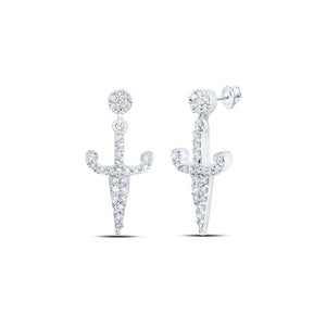 10kt White Gold Womens Round Diamond Dagger Dangle Earrings 1/5 Cttw