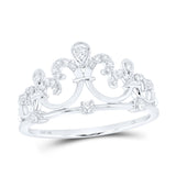 10kt White Gold Womens Round Diamond Fleur Crown Tiara Fashion Ring 1/5 Cttw