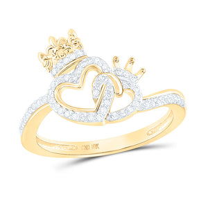 10kt Yellow Gold Womens Round Diamond King Queen Heart Ring 1/6 Cttw