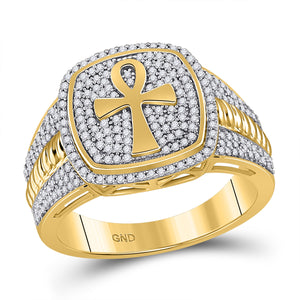 10kt Yellow Gold Mens Round Diamond Ankh Cross Ring 5/8 Cttw