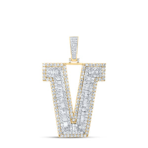 10kt Yellow Gold Mens Baguette Diamond V Initial Letter Charm Pendant 5-5/8 Cttw