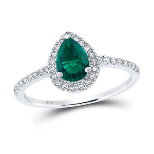 10kt White Gold Womens Pear Synthetic Emerald Solitaire Ring 7/8 Cttw