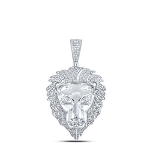 10kt White Gold Mens Round Diamond Lion Face Charm Pendant 1-1/3 Cttw