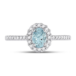 10kt White Gold Womens Oval Aquamarine Diamond-accent Solitaire Ring 1/5 Cttw